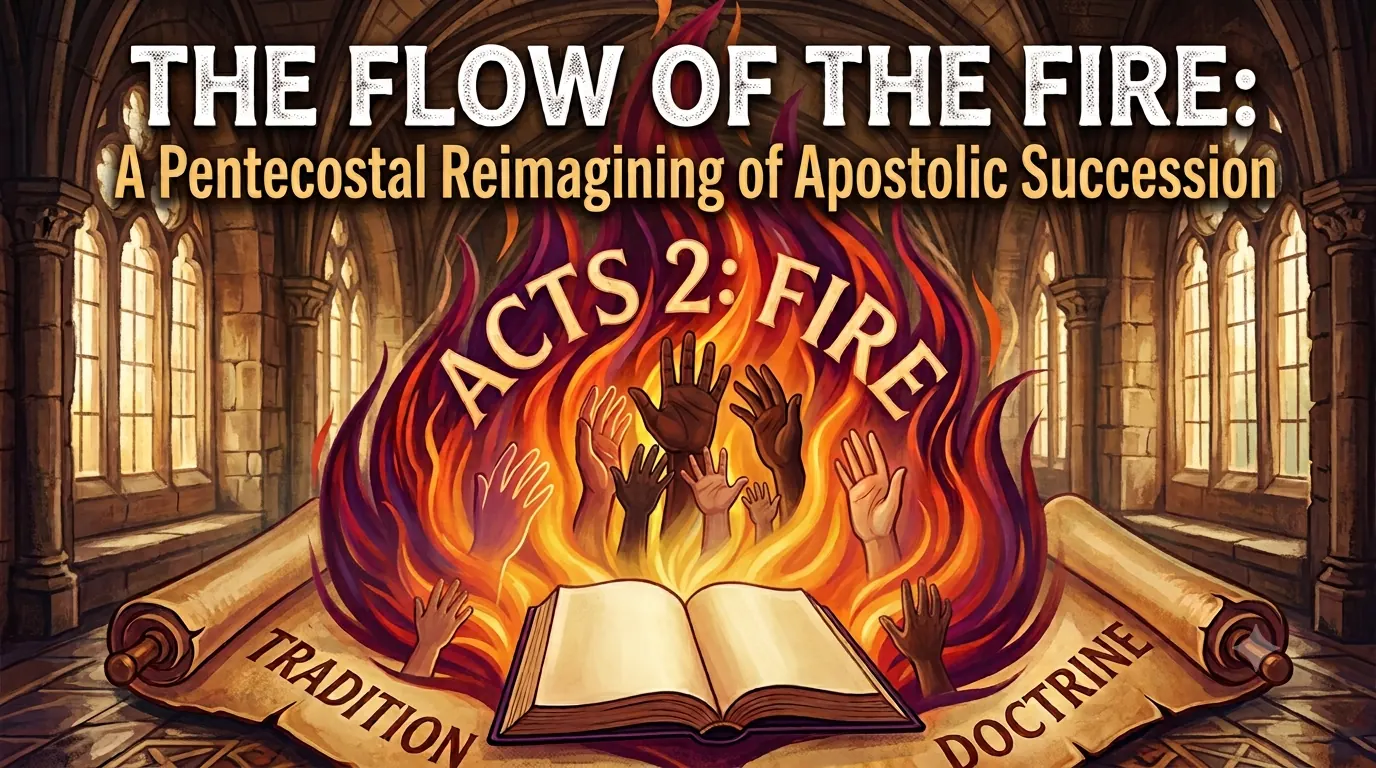 Illustrated scene of diverse hands raised in fire around an open Bible, with scrolls labelled Tradition and Doctrine — representing Pentecostal apostolic succession from Acts 2 to Azusa Street