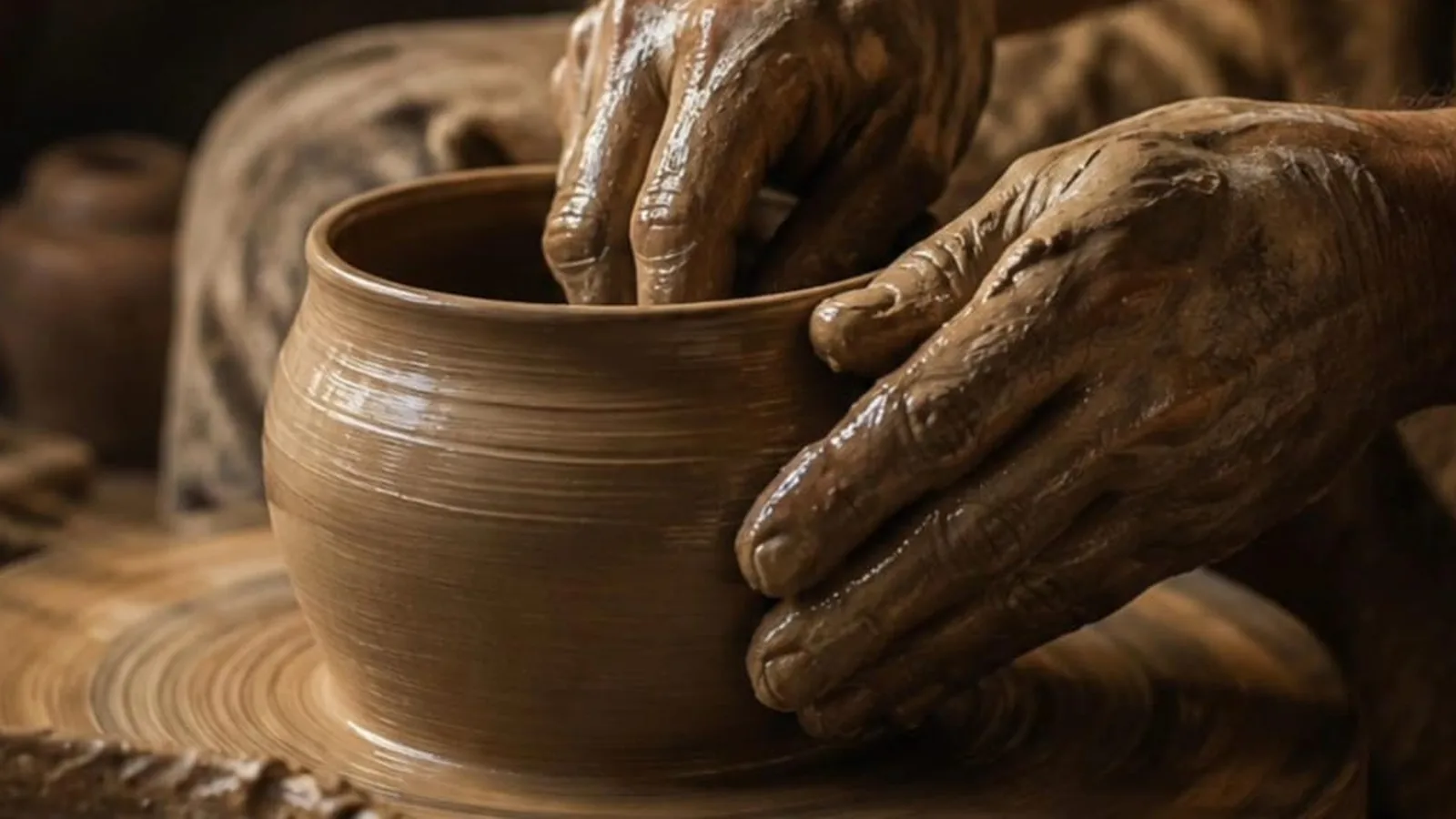 A potter's clay-covered hands shaping a pot on a spinning wheel, illustrating God forming us as His masterpiece
